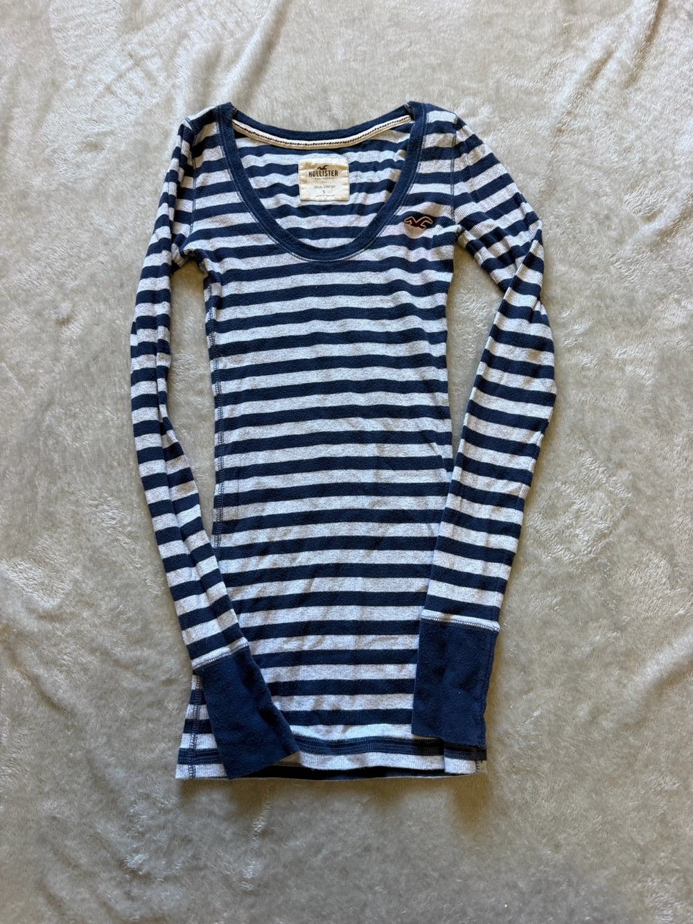 Vintage Hollister Navy and White Striped Long Sleeve Scoop Neck Tee